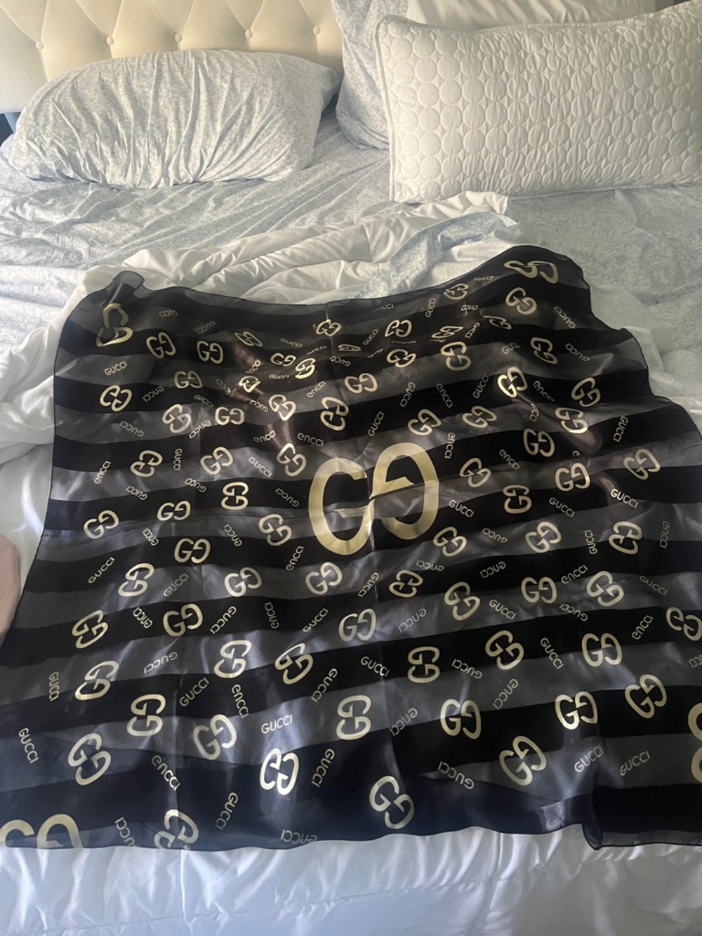 Vintage Gucci Black and Gold Logo Silk Scarf